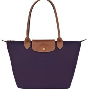 Longchamp Le Pliage in Bilberry and Brown leather Tote with Foldable Design